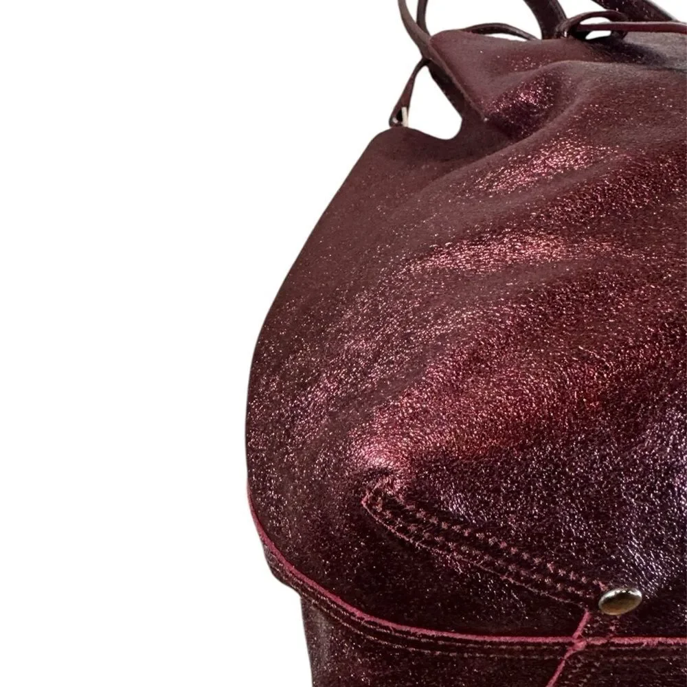 TIFFANY & CO Ruby Red Metallic Leather & Suede Reversible Small Bucket Hobo Bag